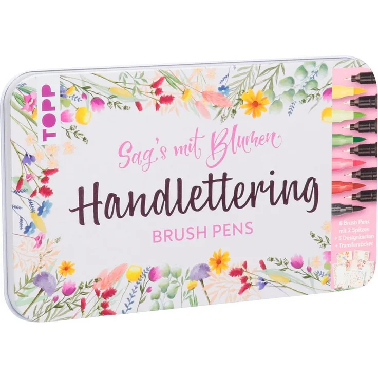 Topp Faserstift Handlettering Designdose Brush Pens Sag's mit Blum, 13 Teile - Kreative Handlettering-Metalldose mit 6 Brush Pens und Transferstickern in tollem Design