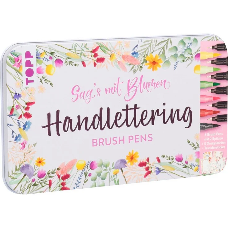 Topp Faserstift Handlettering Designdose Brush Pens Sag's mit Blum, 13 Teile - Kreative Handlettering-Metalldose mit 6 Brush Pens und Transferstickern in tollem Design – Bild 1