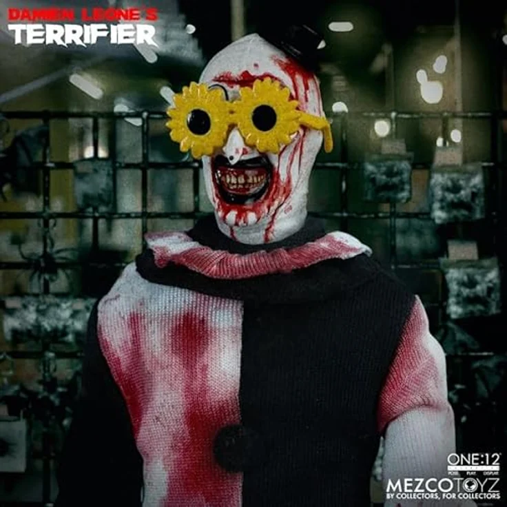 MEZCO Art The Clown Figur, 18 cm, Terrifier One:12 Collective mit 28 Gelenkpunkten, 3 Köpfen, Zubehör und Waffen – Bild 4