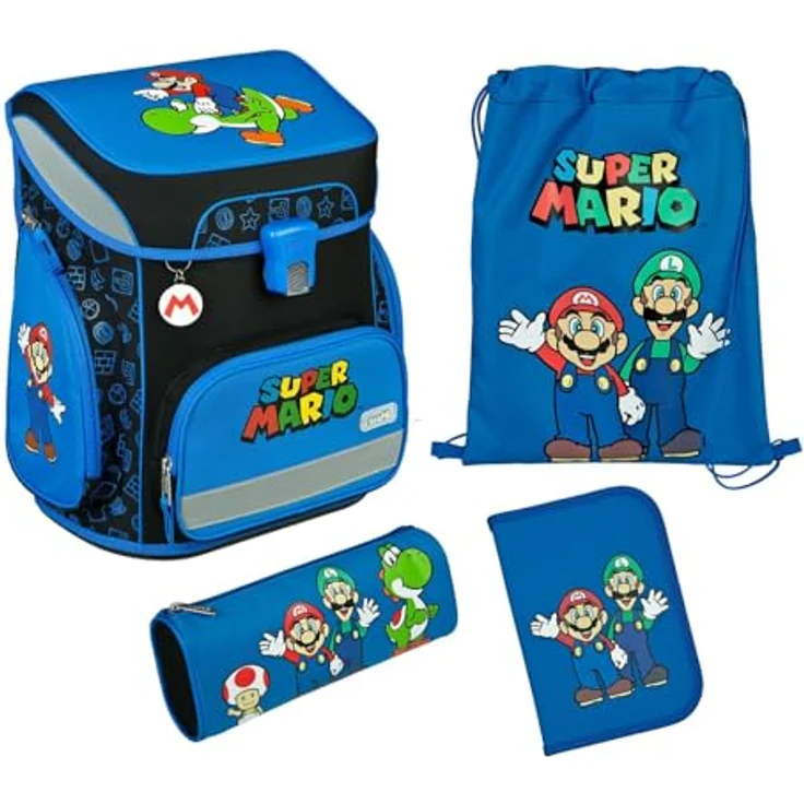 Scooli EasyFit Schulranzen-Set 5-teilig, ergonomisches Tragesystem, reflektierende Flächen, Super Mario II, 28 x 36,5 x 23 cm – Bild 1