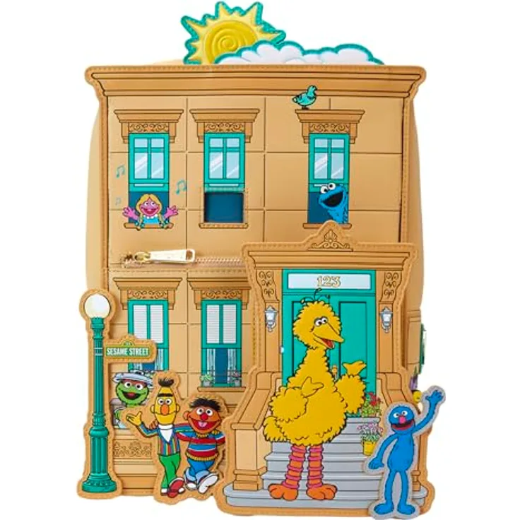 Loungefly Sesamstraße Ecke Rucksack, 30 cm, strapazierfähiges Polyester und PU-Leder, offiziell lizenziertes Produkt für Kinder