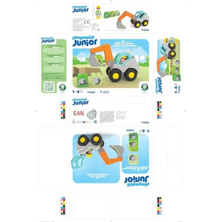 PLAYMOBIL® 71684 Schaufelbagger - Playmobil Junior mit beweglichem Schaufelarm, 1 Bauarbeiterfigur, 3 Bausteine und Warndreieck – Bild 9