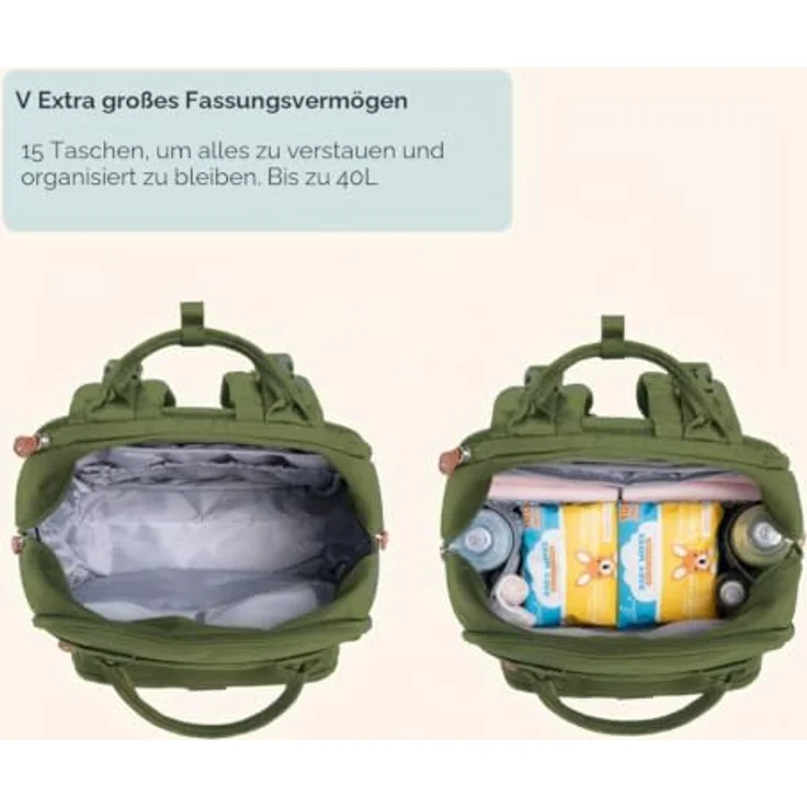 BabbleRoo Wickeltasche Rucksack, Wasserabweisend, 17 Taschen, große Kapazität (+50 %), mit Wickelauflage und Schnullerhalter, Reiserucksack für Mama & Papa – Bild 2