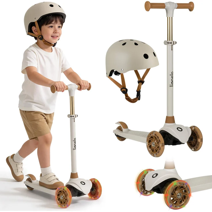 Lionelo Kinderroller JESSY + HELMET, 3-rädriger Balance-Roller für Kinder ab 3 Jahren bis 50 kg, mit LED-Beleuchtung und verstellbarem Helm, braun