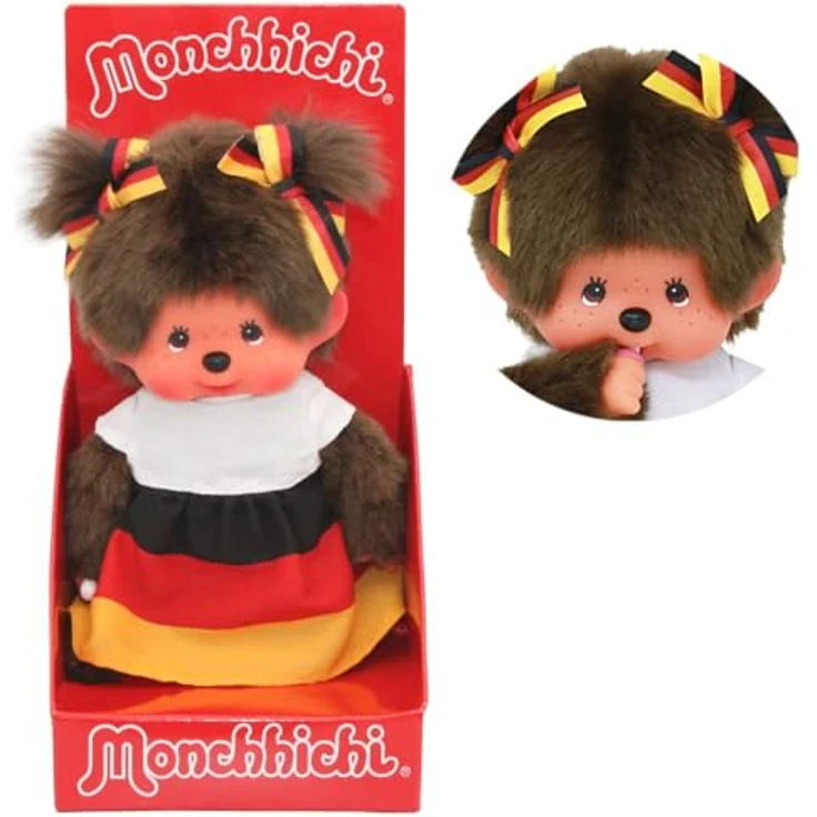 Monchhichi Plüschfigur Mädchen im Deutschland-Kleid 20 cm Monchhichi Puppe zwei Zöpfchen, EM-Fußball Edition – Bild 3
