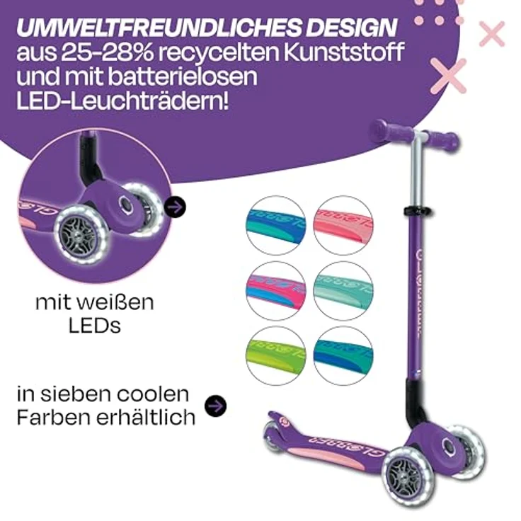 Authentic Sports Globber Primo Foldable Plus Light, Kinder-Scooter lila-pastellrosa mit LED-Leuchtrollen und Klappmechanismus – Bild 4