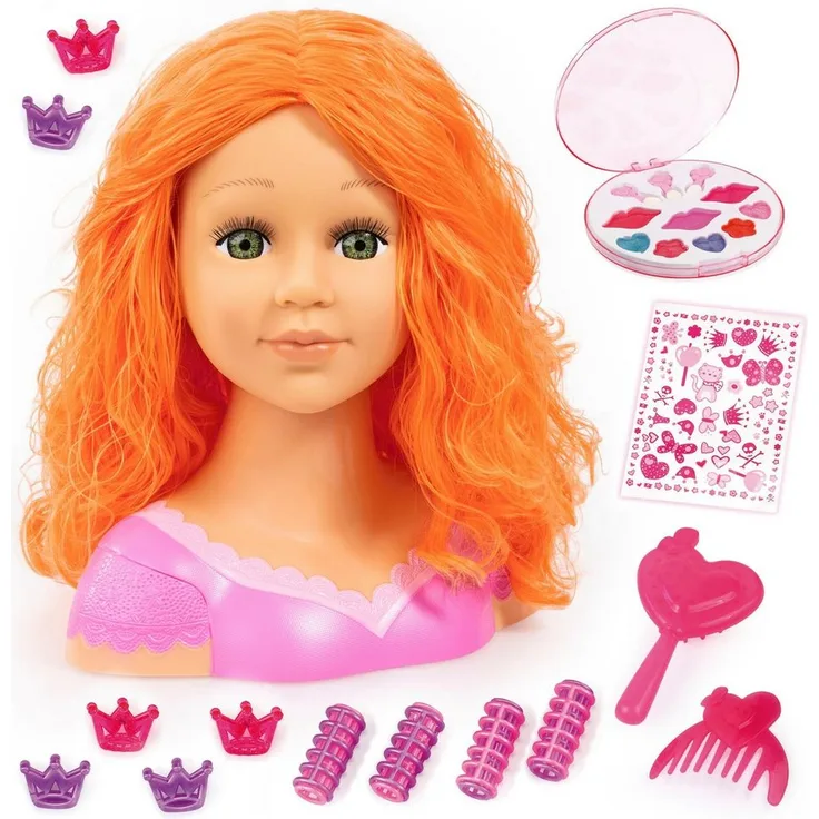 Bayer Frisier- & Schminkkopf Charlene Super Model, orange - Schmink- & Frisierkopf mit Bürste, Kamm, Lockenwickler und Make-Up