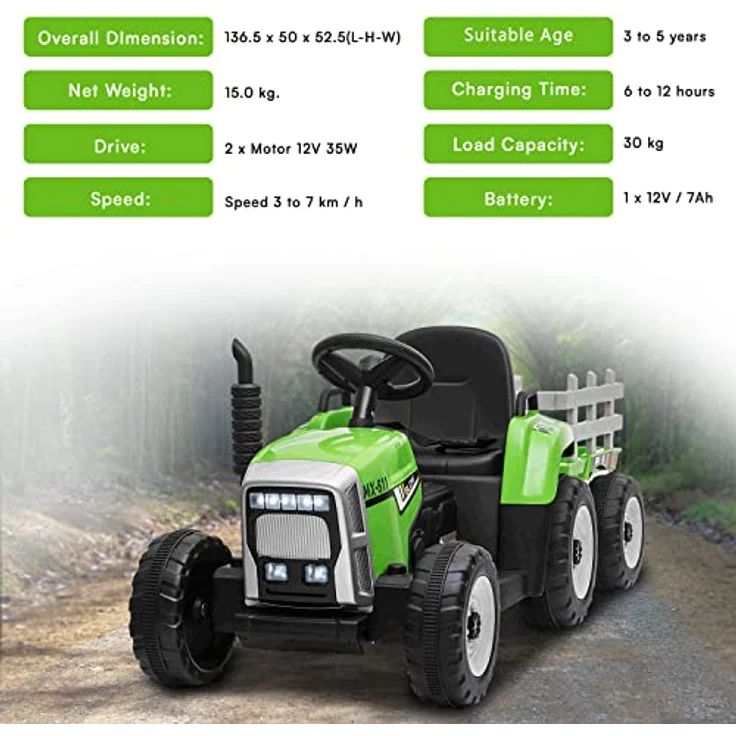 RIRICAR Elektro Traktor für Kinder 12V Workers mit Anhänger, Grün, 12-V-Batterie, breitem Sitz, 2,4-GHz-Fernbedienung, MP3-Player mit Bluetooth und SD-Eingang, LED-Leuchten – Bild 3