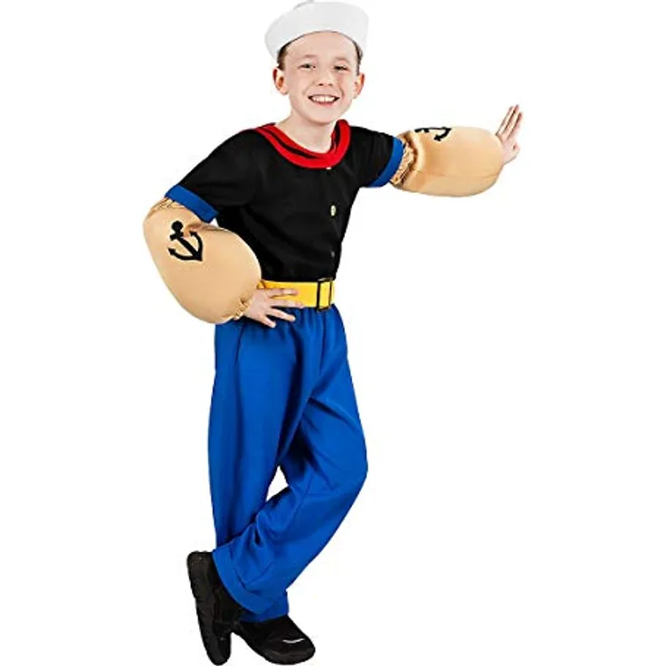 Popeye Comic Seemann Kinder-Kostüm 7-teilig - Hemd, Hose, Muskel-Arme und Matrosenmütze (122-128)
