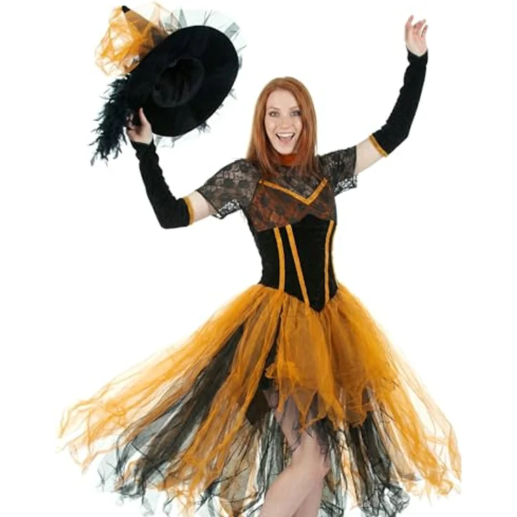 Funny Herbsthexe Freya Hexenkostüm, schwarz-orange mit Spitze, inkl. Gloves und Hexenhut, Größe 44-46 – Bild 4