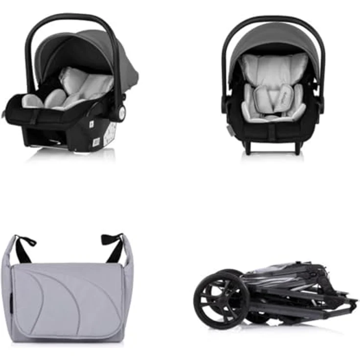 Chipolino Kinderwagen 3 in 1 Amore, mit Babyschale, Adapter, Wickeltasche und Fußabdeckung, hellgrau – Bild 5