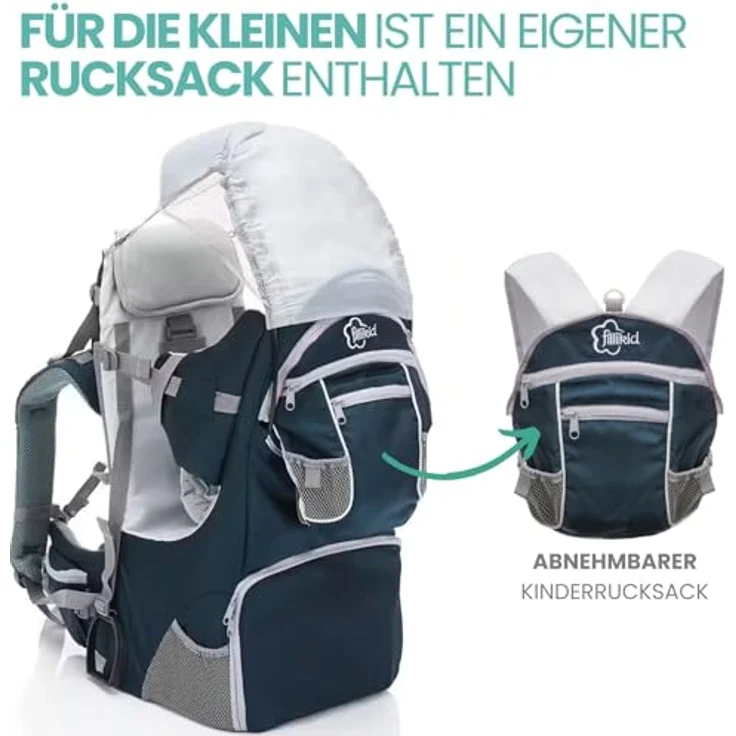 Fillikid Babytrage, Rückentrage für Baby & Kleinkind mit Sonnenschutz, blau, ergonomisch gepolstert, höhenverstellbar, für Wanderausflüge – Bild 7