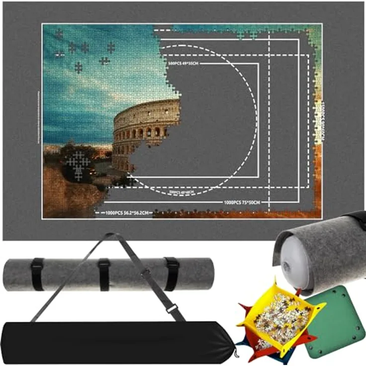 MT MALATEC Puzzle Aufbewahrungsfilzmatte bis 1500 Stück, mehrfarbig, mit 4 Puzzlebeuteln und praktischer Tasche