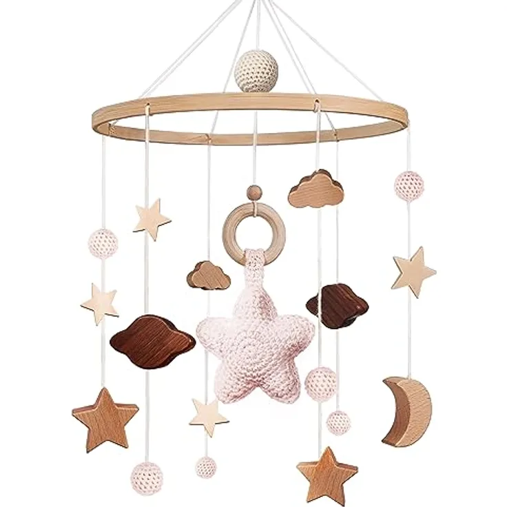 SWECOMZE Mobile Babybett, Baby Spielzeug mit Häkeln Stern, Mond und Wolken, Rosa, aus natürlichen Materialien, für beruhigende Schlafatmosphäre