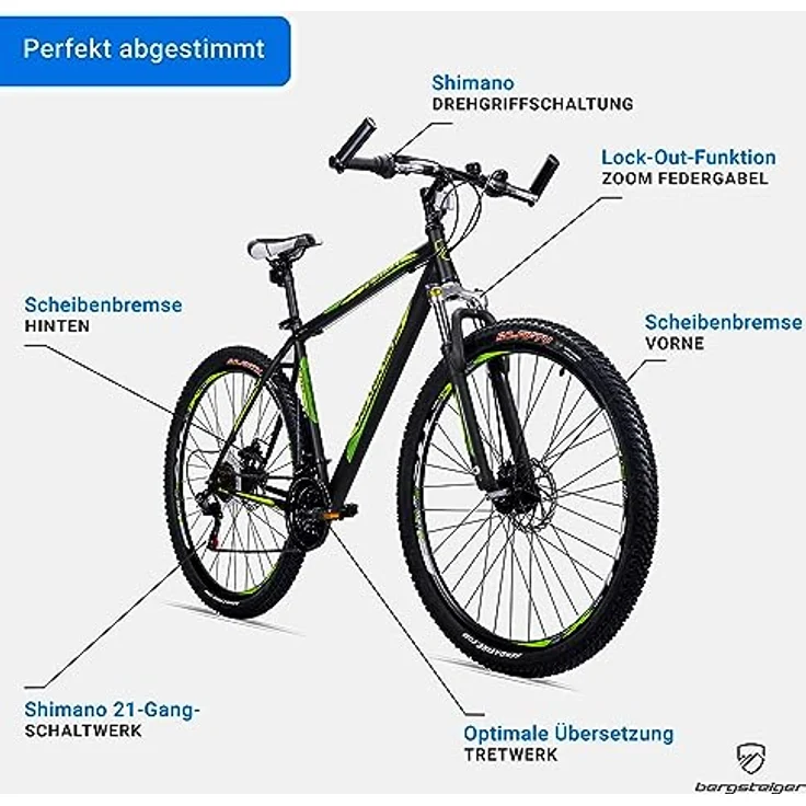 Bergsteiger Detroit 29 Zoll Mountainbike, geeignet ab 170 cm, Scheibenbremse, Shimano 21 Gang-Schaltung, Gabel-Federung mit Lockout-Funktion, Jungen-Fahrrad & Herren-Fahrrad – Bild 5