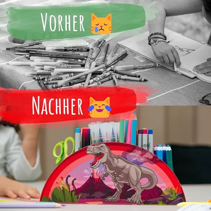 WAGOMA® Stiftehalter Kinder Dinosaurier [5 Fächer] | Robuster Schreibtisch Organizer mit buntem Dino-Motiv | Ideal für Ordnung im Kinderzimmer – Bild 5