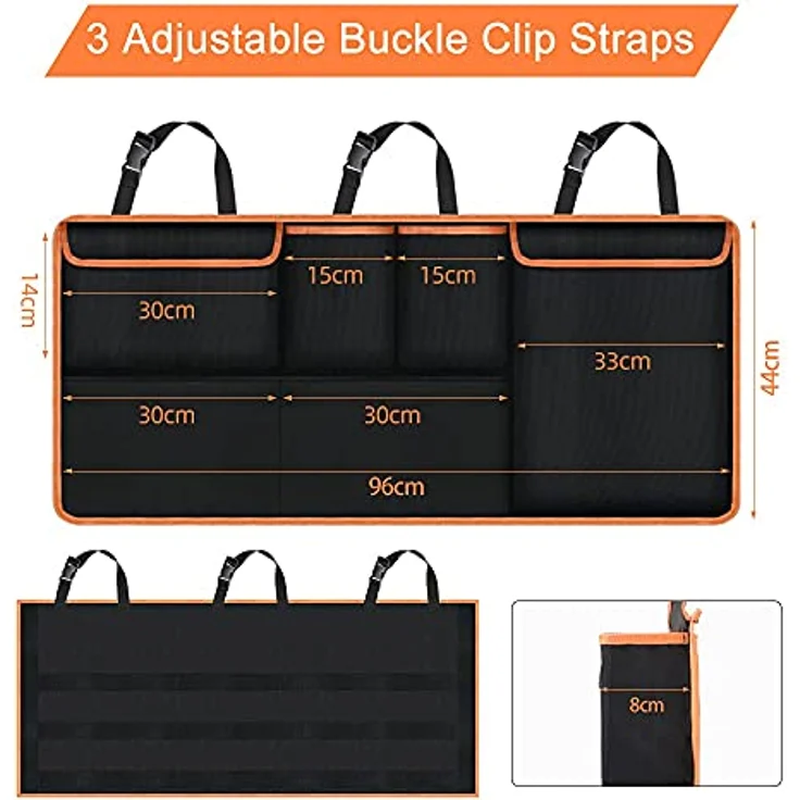 URAQT Kofferraum Organizer, 96x44 cm, wasserdicht mit 6 Taschen, verstellbarem Riemen und 3 Befestigungsriemen für SUVs – Bild 2
