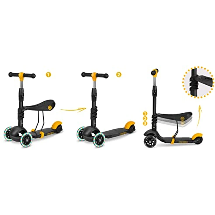Ricokids 3-in-1-Laufroller für Kinder, Dreirädriger Scooter mit verstellbarem Sitz und Lenker, drei große Räder, rutschfeste Plattform, Farbe: Schwarz, für Kinder ab 3 Jahren, max. Gewicht 30 kg – Bild 2