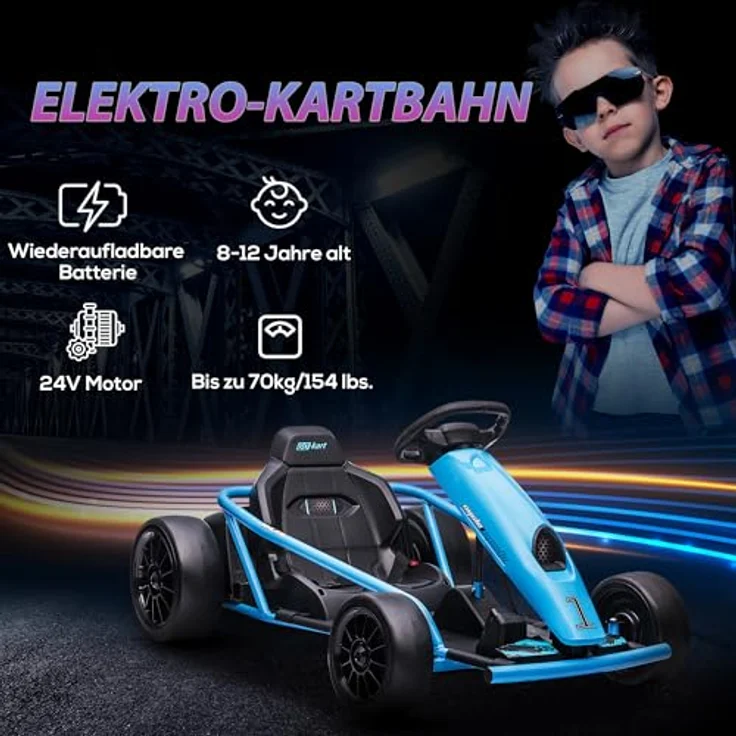 HOMCOM Kinder Elektro Gokart 24 V Drift Kart mit Langsamem Start, Musik, Hupe und Sicherheitsgurt, Kinderfahrzeug für 8-12 Jahre Kinder, Blau – Bild 4