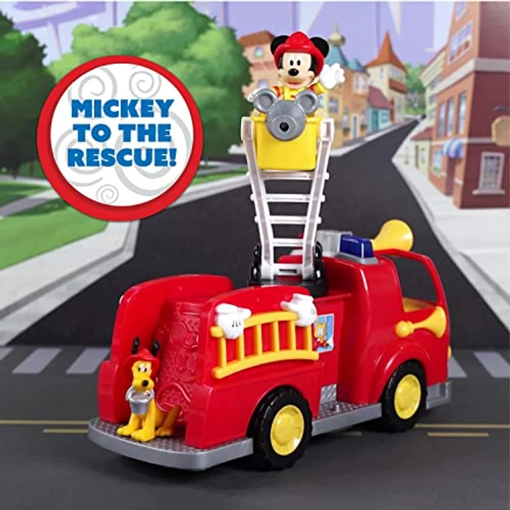 Just Play Disney Junior Mickey Mouse Feuerwehrauto mit Licht und Sound lustige Mickey-Sprüche und Feuerwehrauto-Soundeffekte, 2 bewegliche Sammelfiguren Mickey und Pluto, ab 3 Jahren – Bild 3