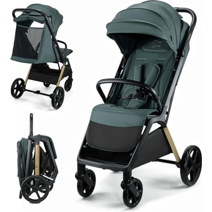 Kinderkraft LOOM Buggy bis 27 kg, leichter Kinderwagen mit vergrößertem Verdeck, gepolsterten Rädern, liegender Position und geräumigem Korb, Grün – Bild 1