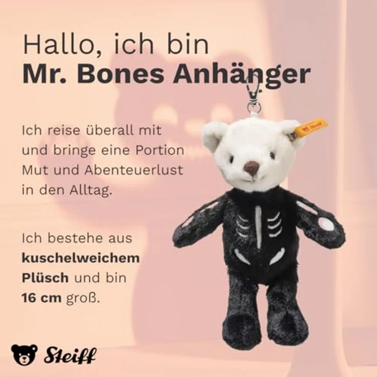 Steiff Kuscheltier Anhänger Mr. Bones, Teddybär mit Skelett-Details, 16 cm, mehrfarbig, waschbar bei 30 °C – Bild 2