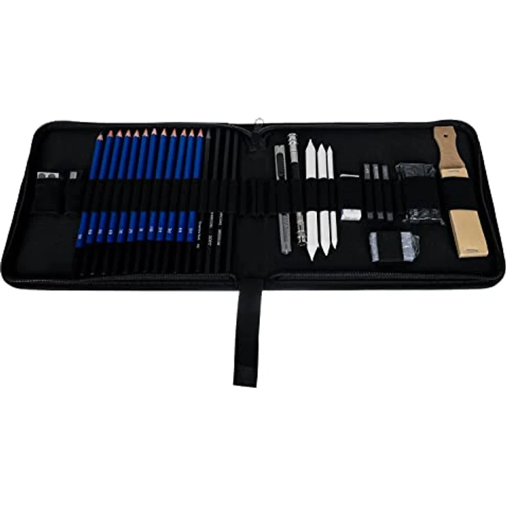 MALATEC Bleistift Skizzen Set 32-teilig, Zeichenset mit 12 Skizzenstiften, 6B Bleistift, 3 Kohlestiften, schwarz – Bild 8