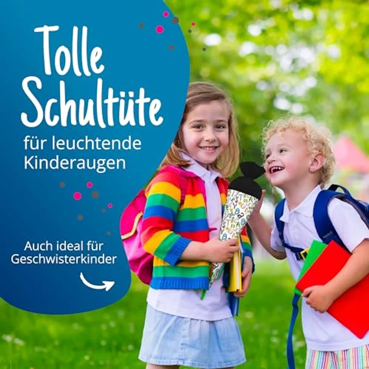 itenga Geschwisterschultüte 35cm, Geschenkverpackung für Schüler und Studenten, Motiv Buchstaben, rund mit Filzverschluss, ideal zum Schulstart und Ausbildungsbeginn – Bild 4