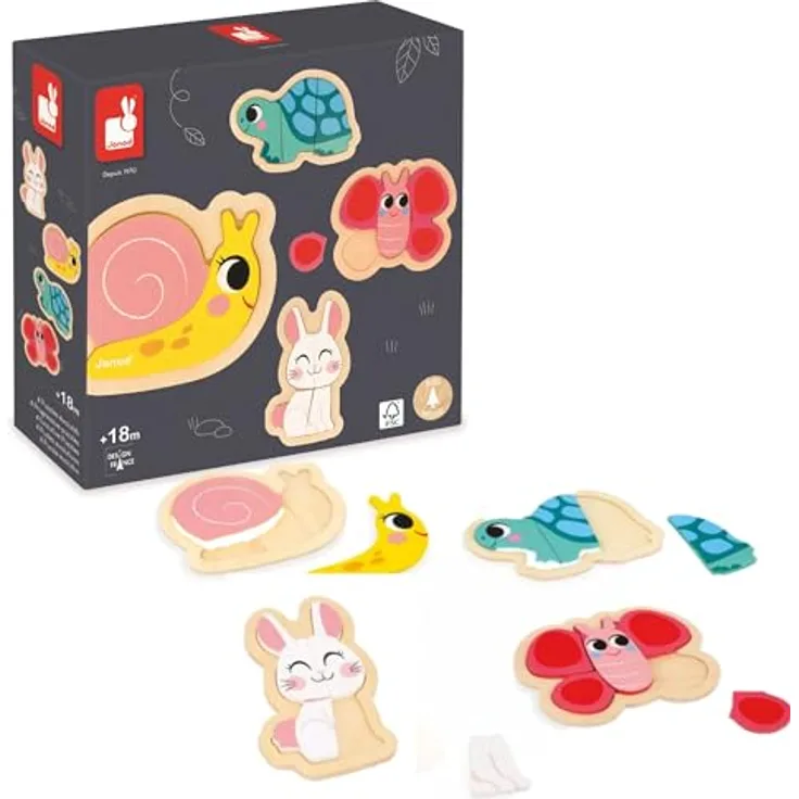 Janod - 4 Holzpuzzle mit 2 bis 5 Teilen - Puzzle zum Thema Gartentiere - Kinderspielzeug - Pädagogische Spiele - Baby- und Kleinkindspielzeug Ab 18 Monaten, J07116 - Lernspiel für Kleinkinder zur Förderung von Hand-Augen-Koordination und Feinmotorik