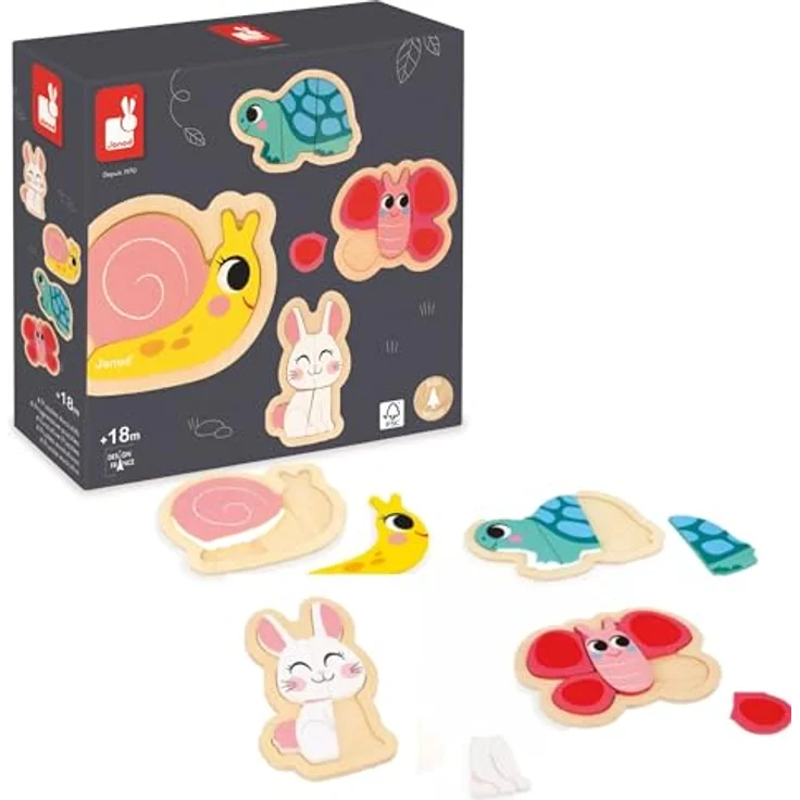 Janod - 4 Holzpuzzle mit 2 bis 5 Teilen - Puzzle zum Thema Gartentiere - Kinderspielzeug - Pädagogische Spiele - Baby- und Kleinkindspielzeug Ab 18 Monaten, J07116 - Lernspiel für Kleinkinder zur Förderung von Hand-Augen-Koordination und Feinmotorik – Bild 1