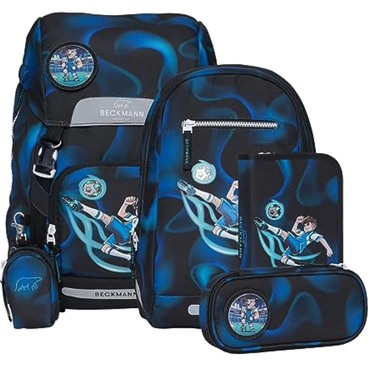 Beckmann Schulranzen Classic, 6tlg. Set in Blau, inkl. Sportrucksack, Federmäppchen und Schlamperrolle, ergonomisch – Bild 1