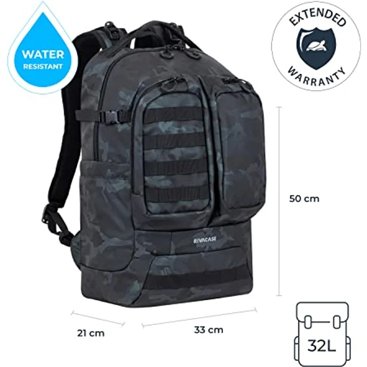 Rivacase Laptop-Rucksack 32 Liter, wasserdichter Schulrucksack 17,3 Zoll - Sportrucksack für Teenager - Jungen und Mädchen - zur Schule - in die Klasse (navy camo) – Bild 4