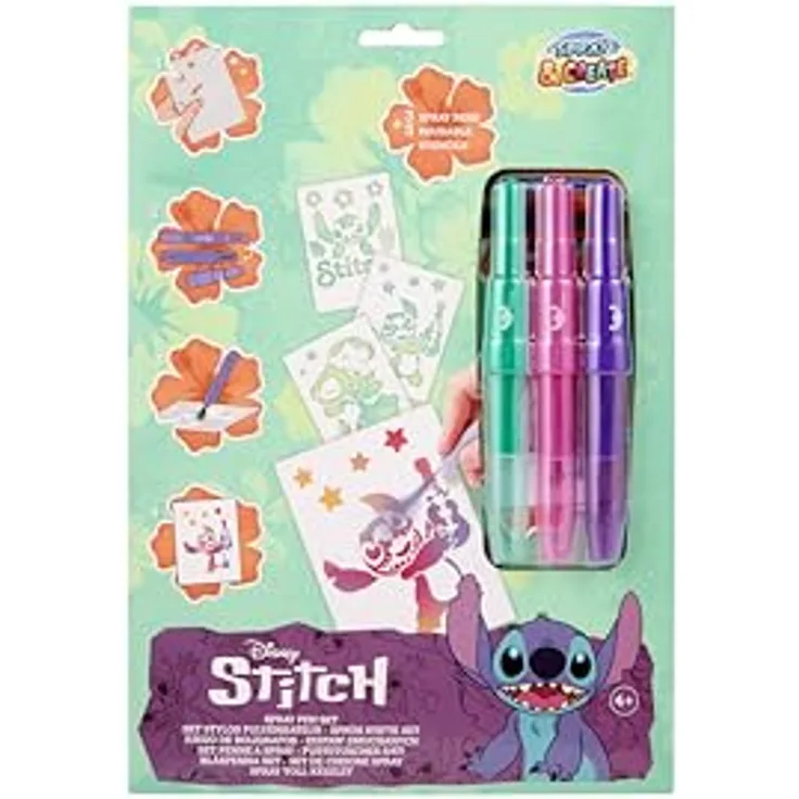 Canenco Kreativset Disney Stitch, Sprühstifte Set mit 3 Farben und wiederverwendbaren Schablonen