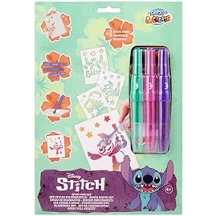 Canenco Kreativset Disney Stitch, Sprühstifte Set mit 3 Farben und wiederverwendbaren Schablonen – Bild 1