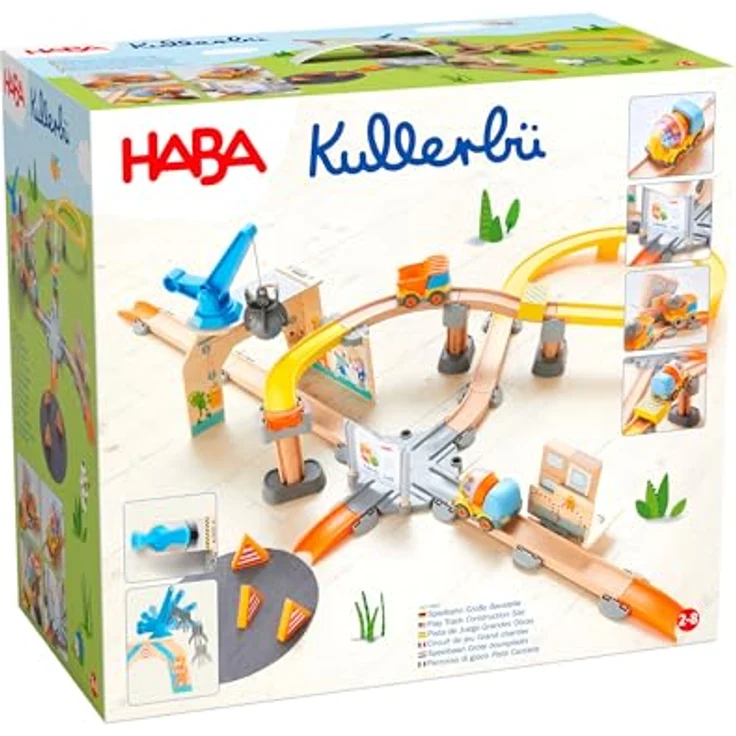HABA Kullerbü Spielbahn Große Baustelle - Bunte Holz-Kugelbahn mit Fahrzeugen - Erweiterbares Klicksystem - Holzeisenbahn Alternative für Kinder ab 2 Jahren – Bild 1
