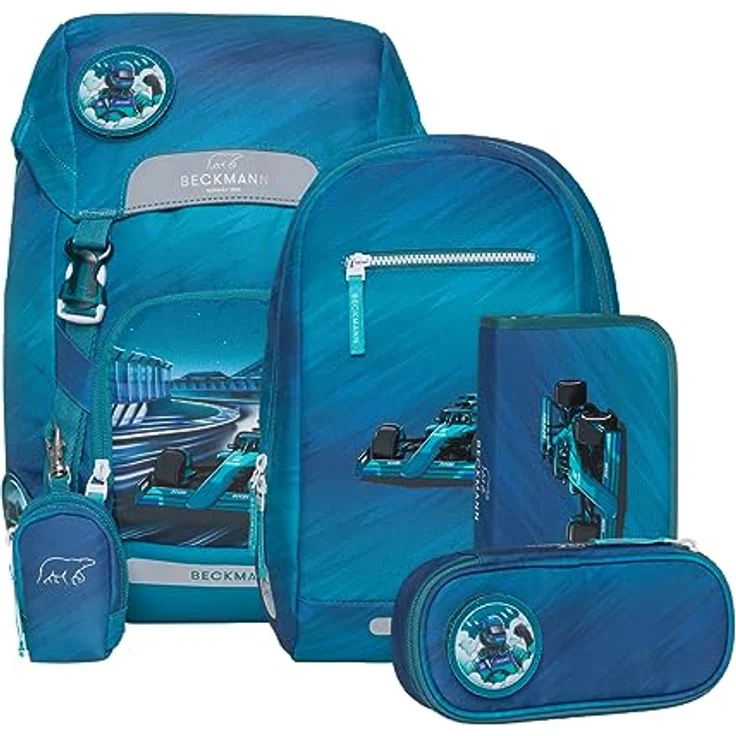 Beckmann Schulranzen Classic, 6tlg. Set in Blau mit Sportrucksack, Federmäppchen, Schlamperrolle und Buttons – Bild 1