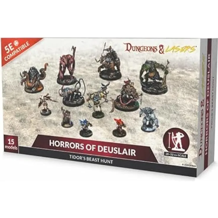 Archon Studio DNL0089: Dungeons & Lasers Miniatures, 15 unbemalte Sammelfiguren mit Yeti, Feuer-Wurm und Drachenjägerin
