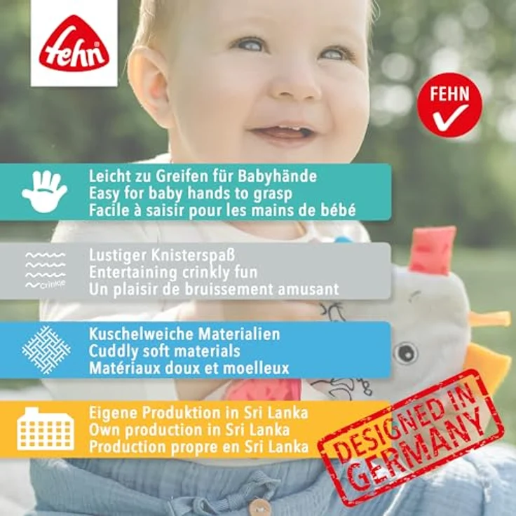 Fehn Greifspielzeug Lazy, Crazy & Pink, Knister-Faultier mit Raschelpapier und vielfältigen Materialien – Bild 6