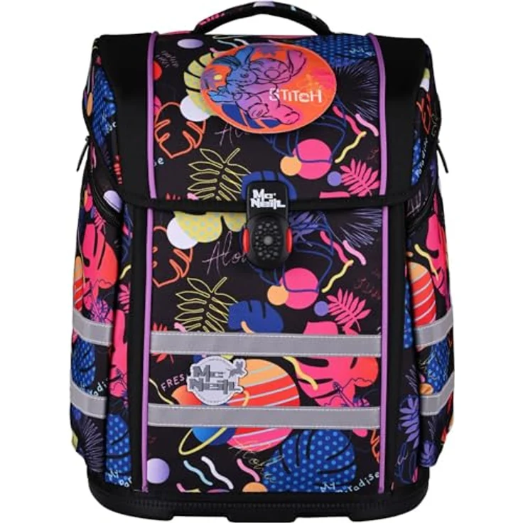McNeill Schulranzen Perfecto Disney, 8-teiliges Set in bunt mit Stitch Black Design, großes Hauptfach, gepolsterte Träger, robustes Material – Bild 3