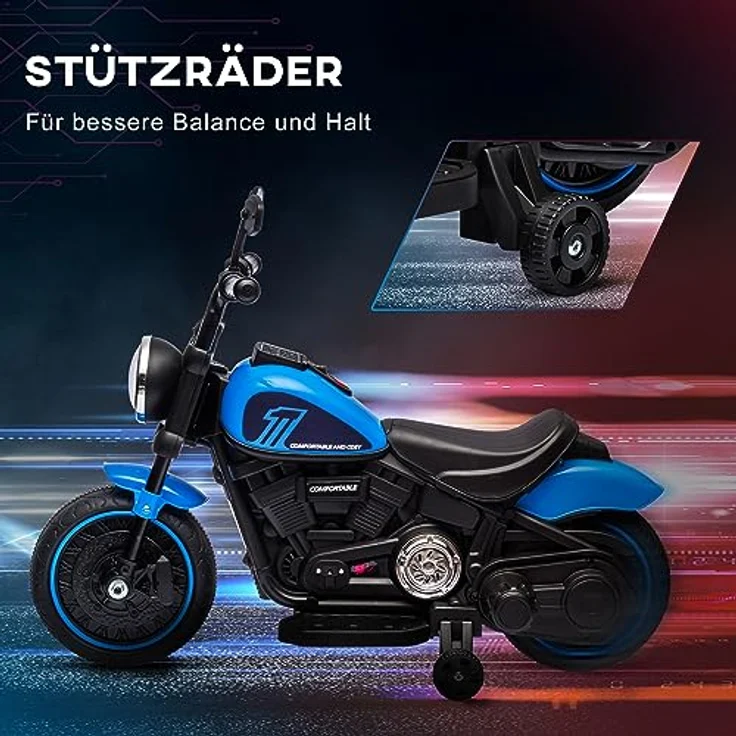 HOMCOM Elektro-Kindermotorrad Kinderfahrzeug mit 2 abnehmbaren Stützrädern Blau, Belastbarkeit 25 kg, 76L x 42B x 57H cm - Preisvergleich – Bild 4