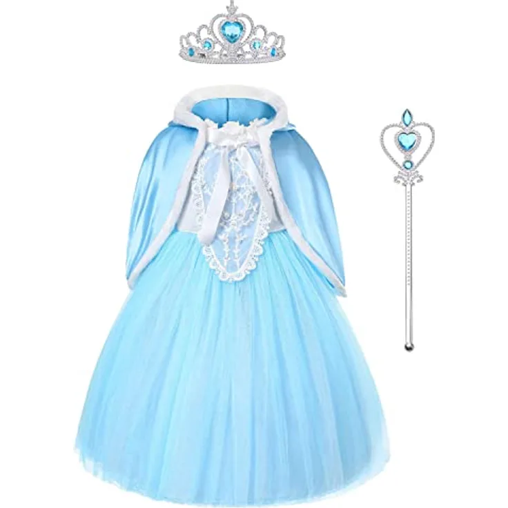 URAQT Mädchen Kostüm Kleid mit Umhang, Prinzessinnen Cosplay für Kinder, inkl. Krone und Zauberstab, 5 Größen für 2-8 Jahre, hochwertiger 100% Polyester, ideal für Feste und Feiertage