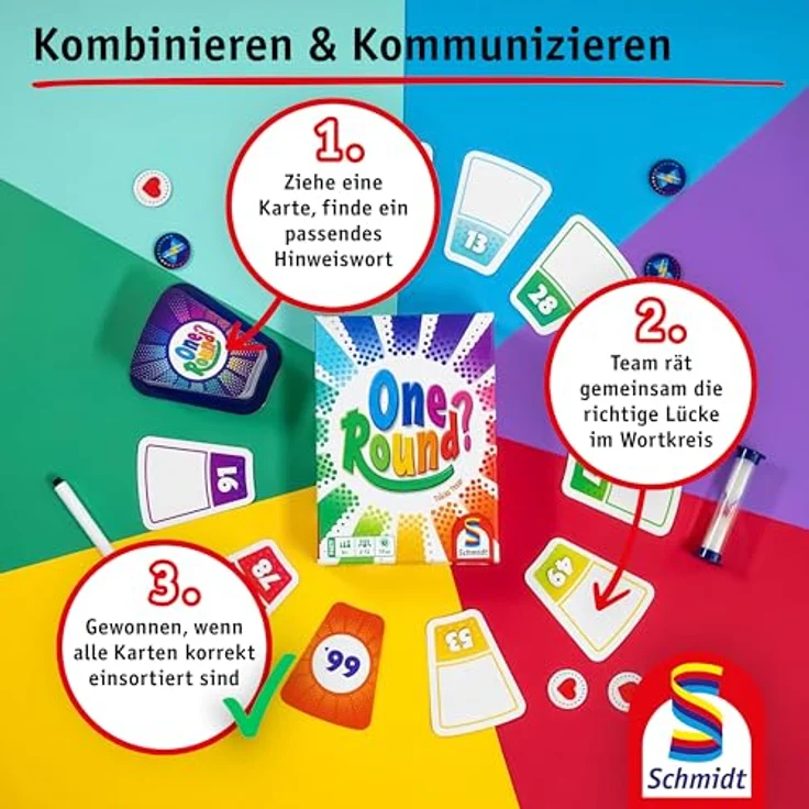 Schmidt Spiele 49460 One Round, kooperatives Kartenspiel für 2-12 Spieler, ab 8 Jahren, schnelle Assoziationsrunden – Bild 5