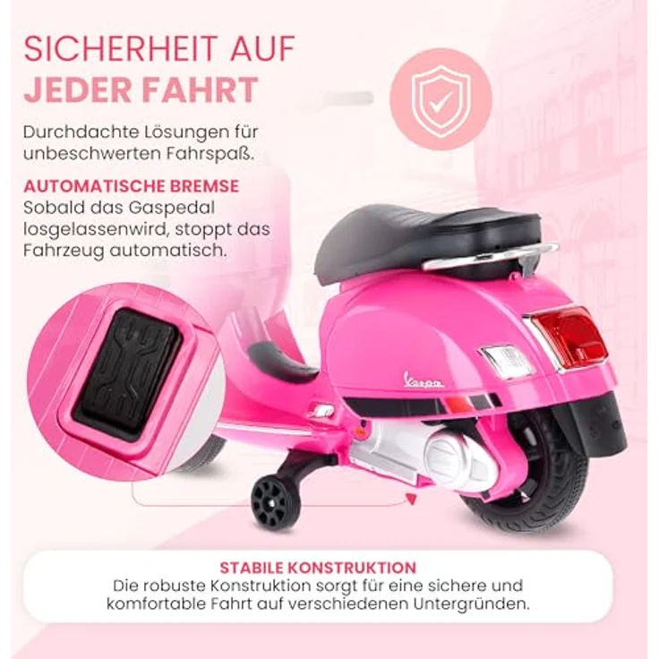Sun Baby Vespa Maxi Elektroroller, 12V Akku Motorroller für Kinder mit Kofferraum, Licht, Sound, rosa – Bild 4