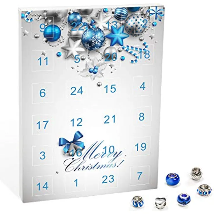 VALIOSA Merry Christmas Mode-Schmuck Adventskalender mit Halskette, Armband + 22 individuelle Perlen-Anhänger aus Glas & Metall, Geschenkidee für Mädchen, blau, 24-teilig
