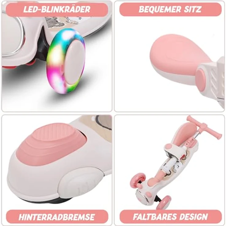 Habib Gruppe Kinderroller Tretroller 3-in-1 Faltbar mit Sitz, LED-Rädern, verstellbar & leicht für Kinder (1-12 Jahre), pink – Bild 2