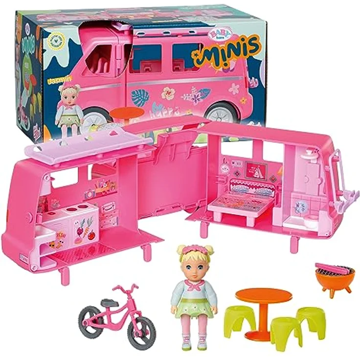 BABY born, Puppenfahrzeug, Wohnwagen für Puppen, BABY born Minis - Campervan, Wohnmobil, aufklappbarer Wohnwagen für BABY born Minis Puppen mit 6 Zubehörteilen und Puppe, 906095, Zapf Creation – Bild 1