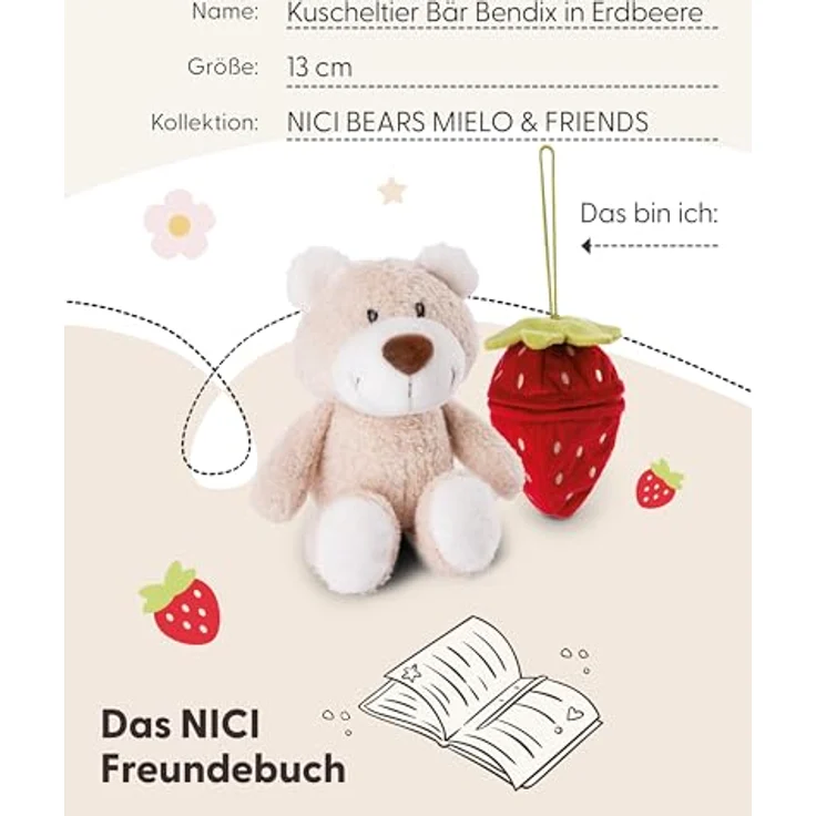 NICI Kuscheltier Bär Bendix 13cm I Plüschtier mit Plüsch-Erdbeere Anhänger GREEN - Nachhaltiges Stofftier für Schmusetierliebhaber - 49435 – Bild 5