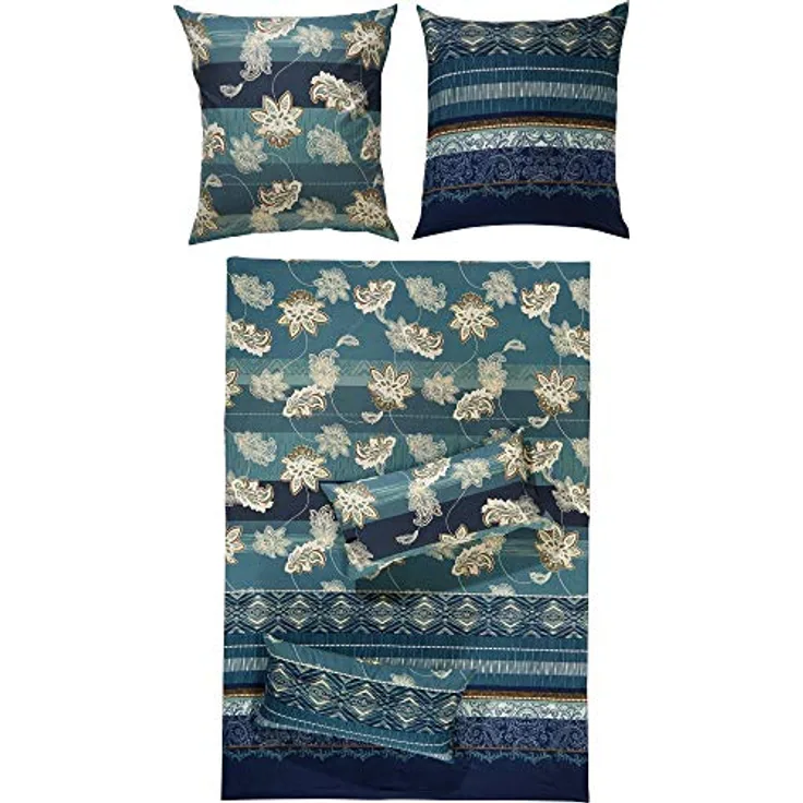 Erwin Müller Flanell Bettwäsche, Bettgarnitur mit orientalischen Blumen-Ornamenten blau, Größe 135x200 cm (40x80 cm) - klimaausgleichend, mit Reißverschluss, 100% Baumwolle (weitere Größen)