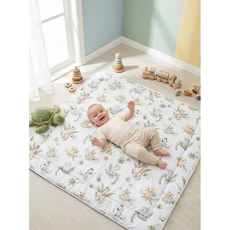 TupTam Krabbeldecke 120x120 cm - Gepolsterte Spieldecke aus Baumwolle, XXL, OEKO-TEX, weich & hautfreundlich, Farbe: Safari/Löwe/Braun/Blätter/Grün – Bild 3