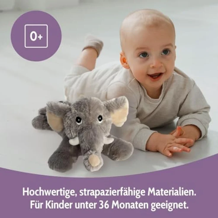 Habibi Plush Classic Wärmetier Elefant, Kuscheltier und Wärmekissen mit natürlichen Hirsekörnern, Duftkomposition aus Lavendel, Jasmin, Lemongras und Vanille, 35 cm – Bild 3